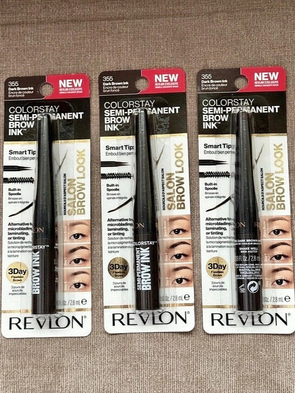 Revlon ColorStay Semi-Permanent Brow Ink 355 Dark Brown Ink LOT OF 3
